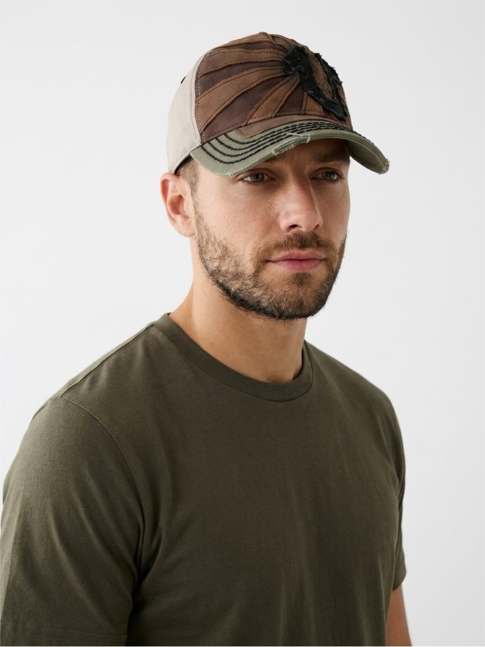 True Religion Vintage Genuine Brown Leather Olive Khaki & Black Distressed Cap